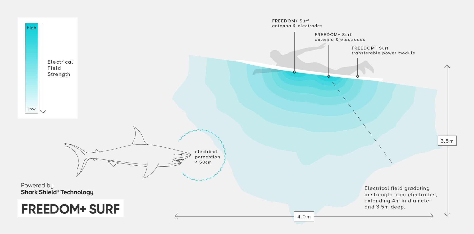 Ocean Guardian USA - How it Works - Ocean Guardian’s patented Shark Shield Technology - FREEDOM+ SURF illustrative infogram