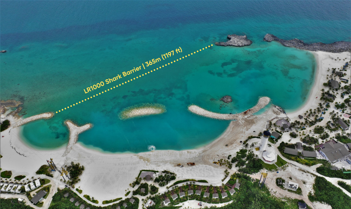 Large scale shark barriers for beach, resorts & aquaculture - aerial view of beach with barrier information