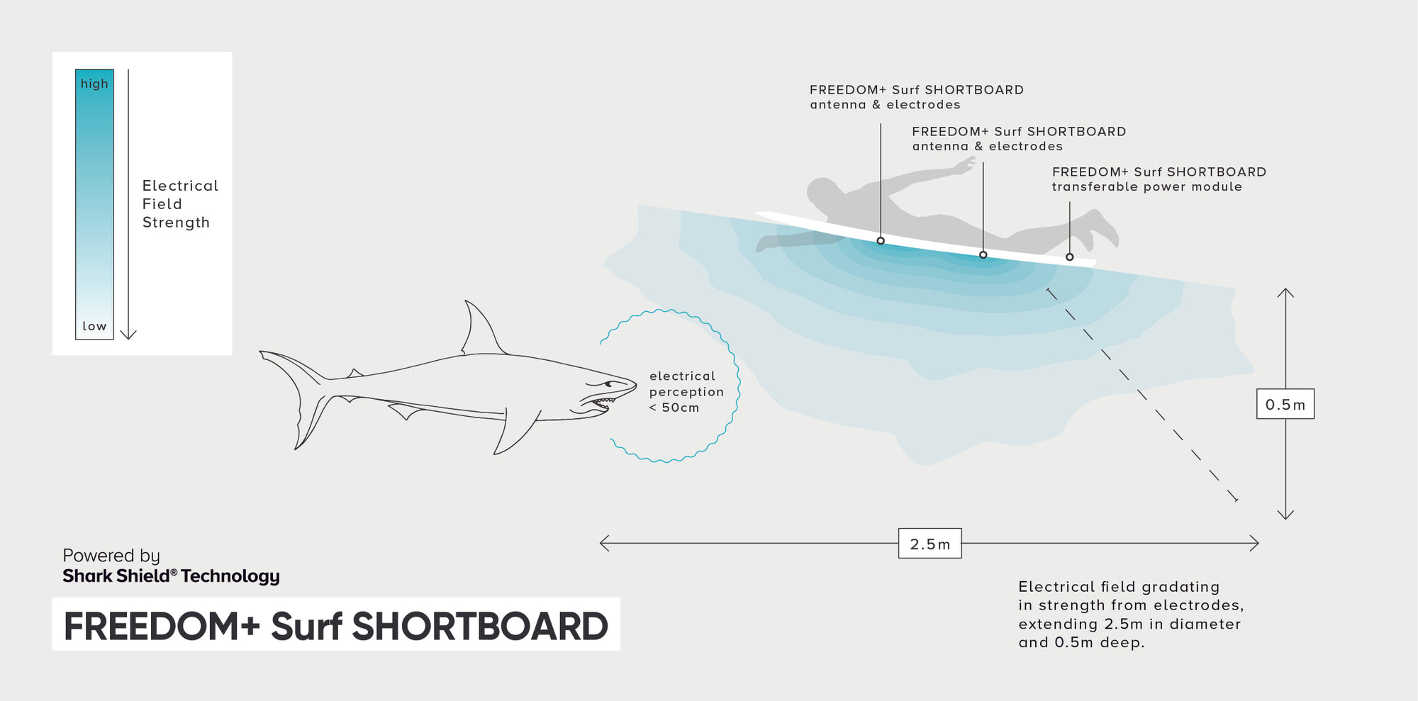 Ocean Guardian USA - How it Works - Ocean Guardian’s patented Shark Shield Technology - FREEDOM+ SURF SHORTBOARD illustrative infogram
