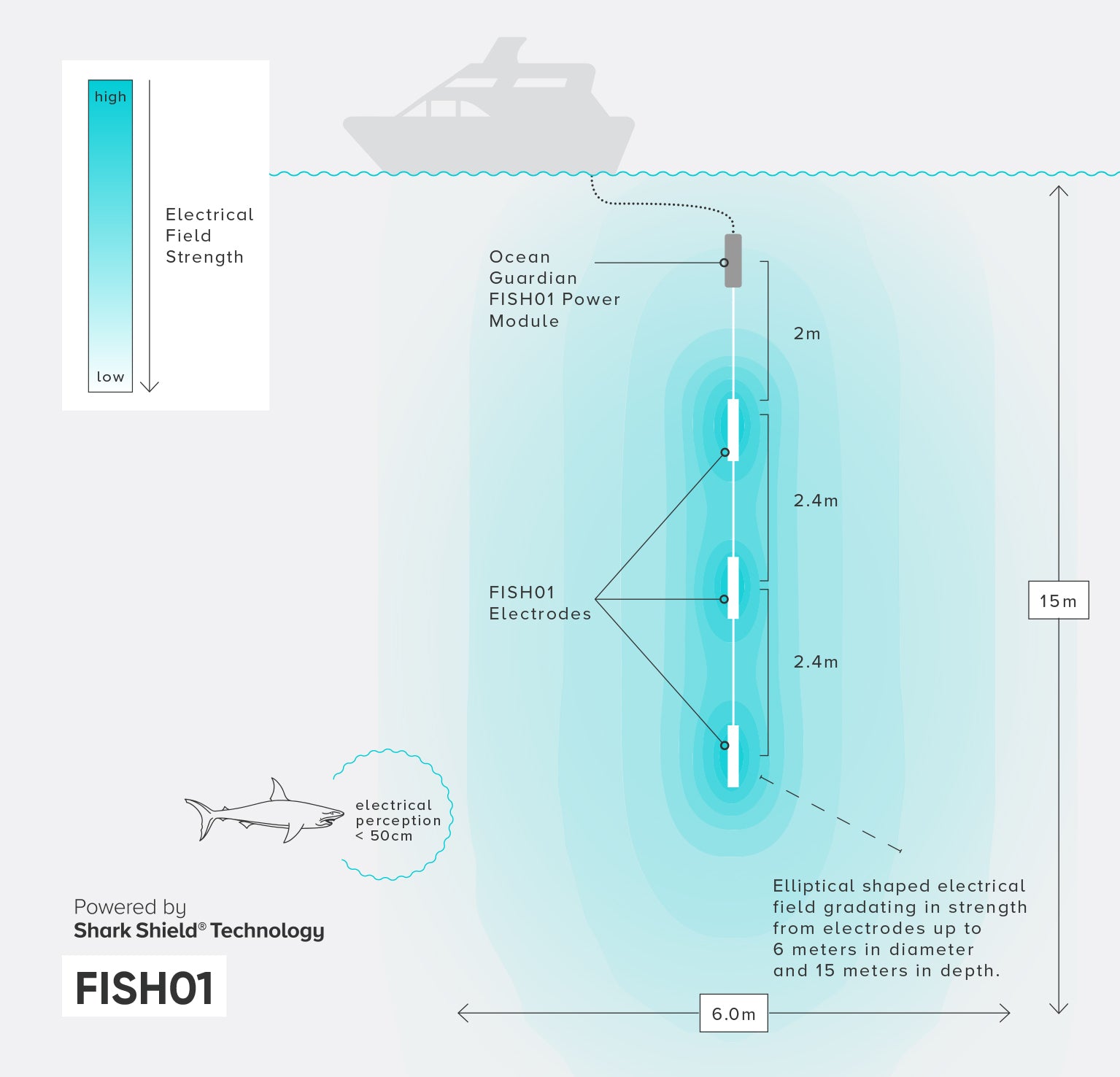Ocean Guardian USA - How it Works - Ocean Guardian’s patented Shark Shield Technology - FISH illustrative infogram