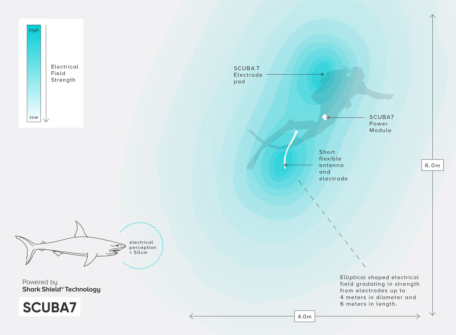 Ocean Guardian USA - How it Works - Ocean Guardian’s patented Shark Shield Technology - SCUBA7 illustrative infogram
